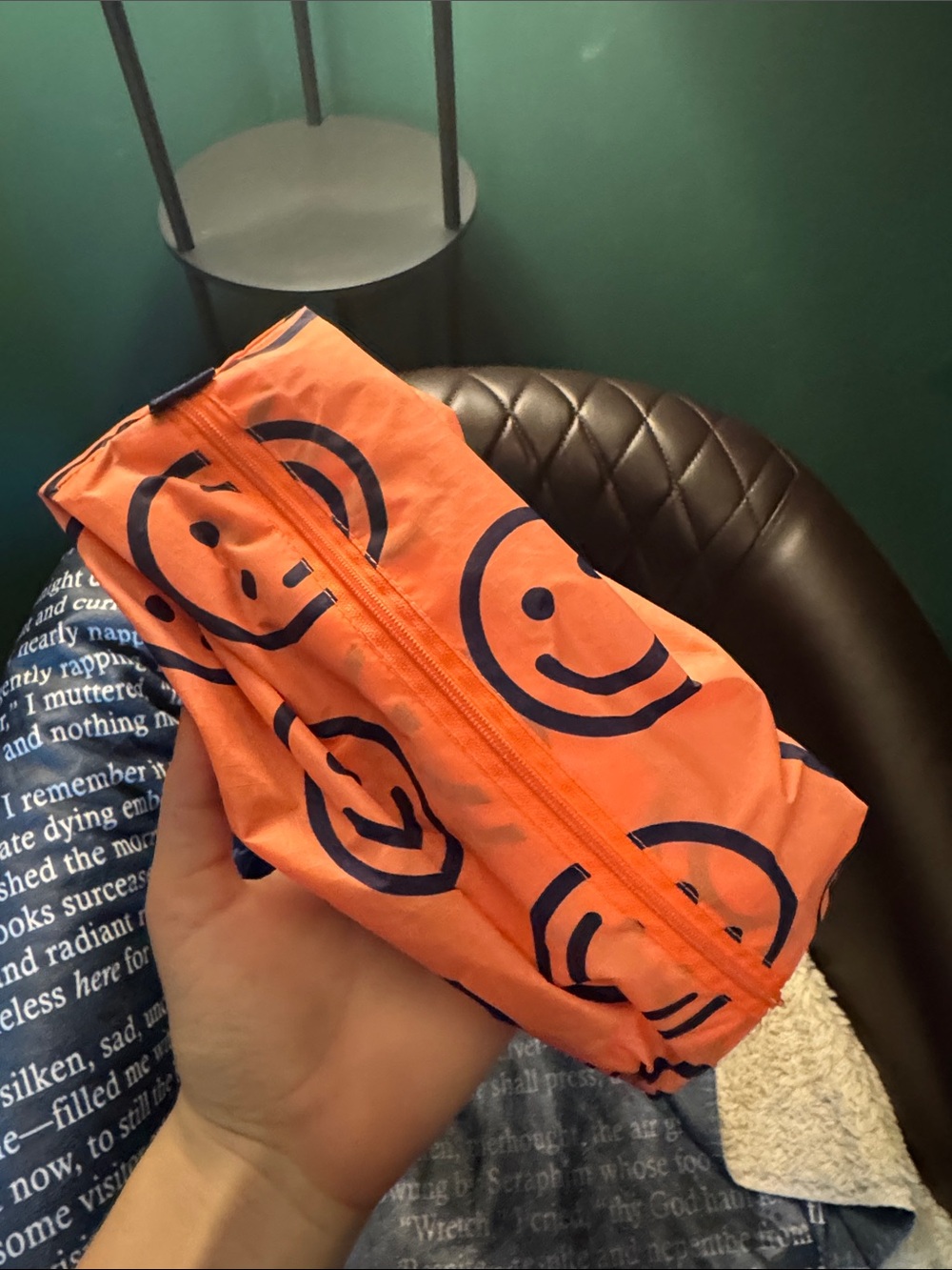 BAGGU Orange Cosmetic Pouch with Navy Smiley Print